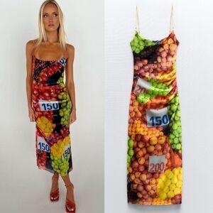 New Zara Fruit Mesh Spaghetti Strap Maxi Dress NWT Small